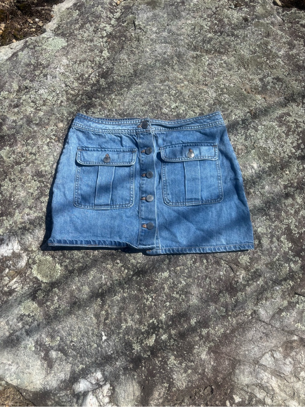 Forever 21 Button-Front Blue Denim Mini Skirt with Patch Pockets